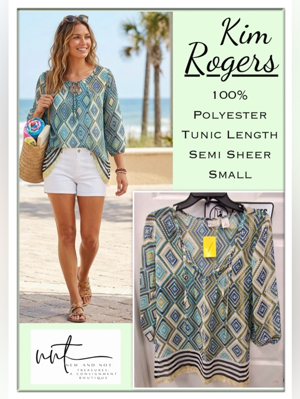Kim Rogers Semi Sheer Tie Neck Boho Tunic Top Blue Multicolor Small